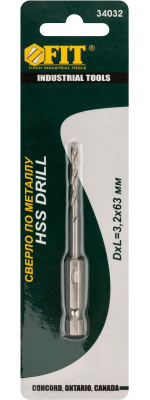 Сверло по металлу HSS 3,2мм, хв. под биту 34032