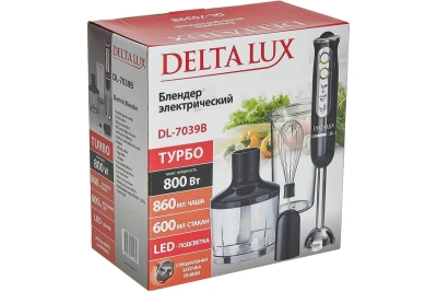 Блендер DELTA LUX DL-7039В черный 800Вт турбо измелч.,стакан, венчик,рег. скор.