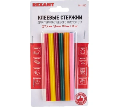 Клеевые стержни Rexant 12шт 7,4мм/100мм цветные